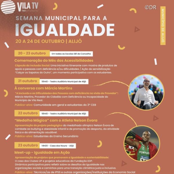 Semana Municipal para a Igualdade começa em Alijó dia 20 de outubro com atividades inclusivas